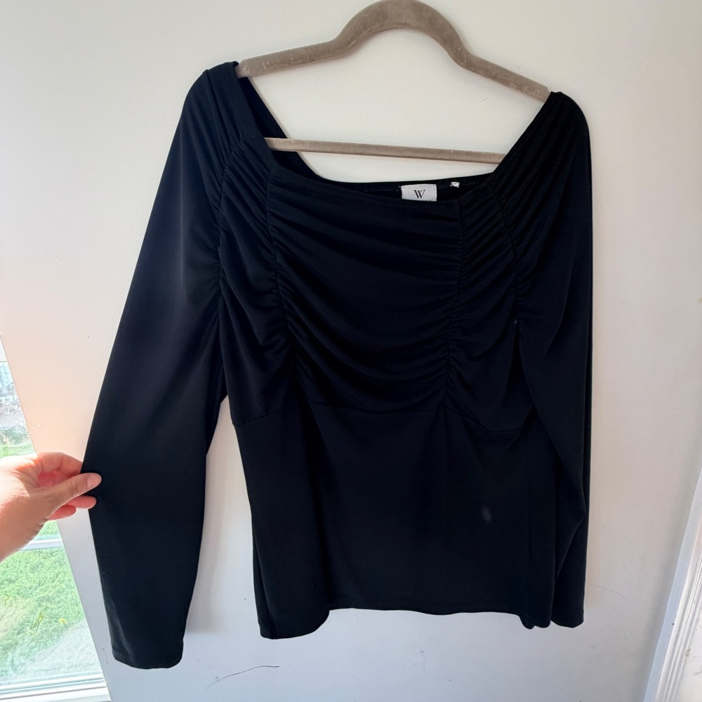 Worthington Ruched Wide Neck Shoulder Top Women L Black Long Sleeve  Whimsigoth